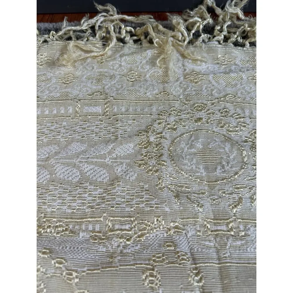 Vintage Damask Bedspread Fringesd Light yellow pale Jacquard twin/full 86x72”